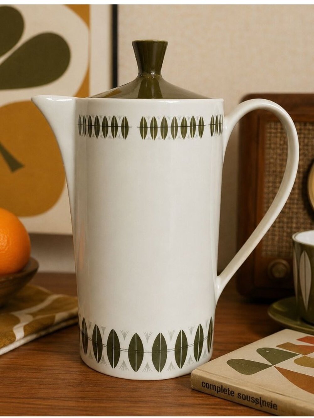 Myott MCM Sherwood Coffee Tea Pot White Olive Green 60s Vintage Ceramic England